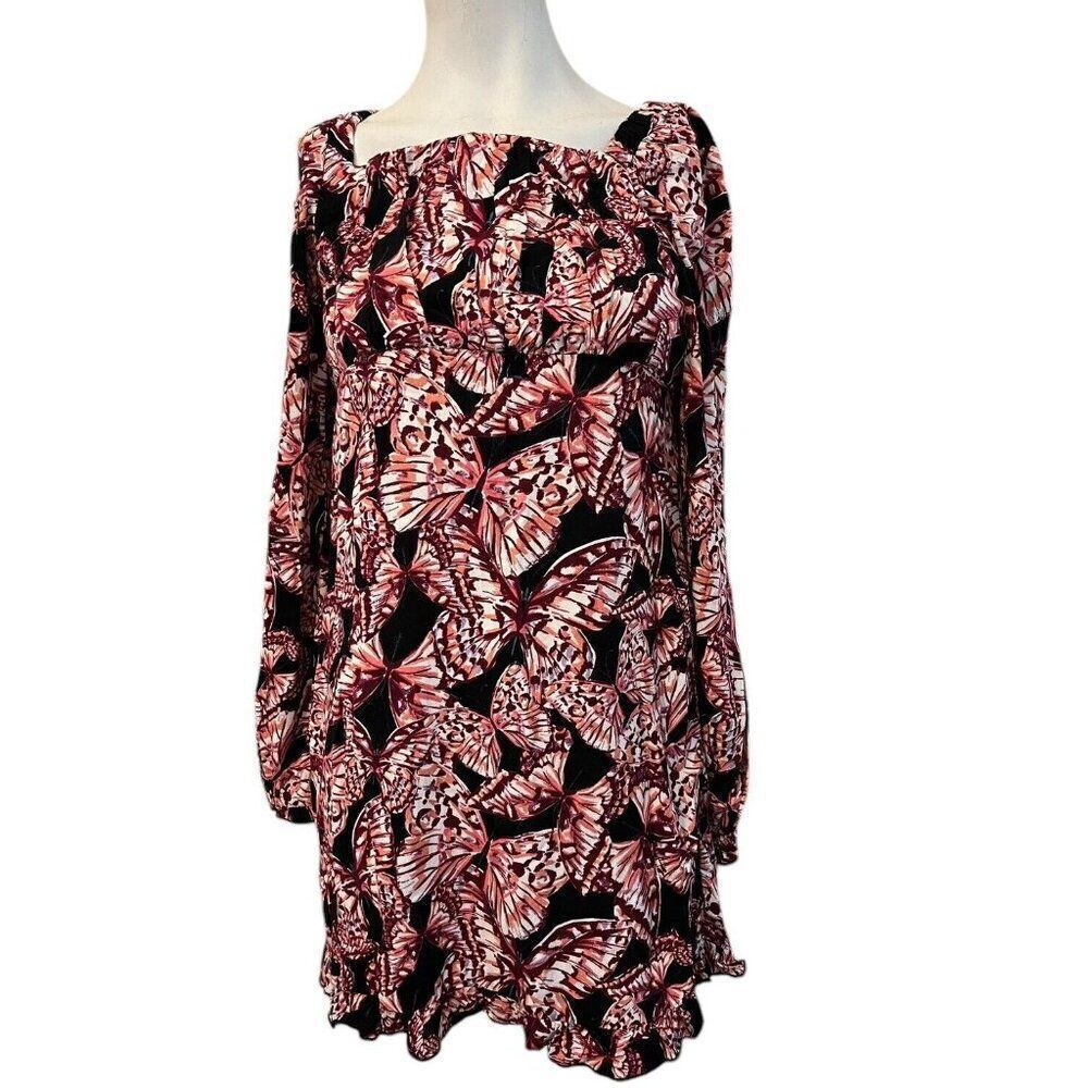 Juniors XL 14/16 Long Sleeve Butterfly Dress Square Neck Colorful Ruffles NWT